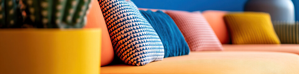 Poster - Orange Couch with Decorative Pillows and Cactus Planter