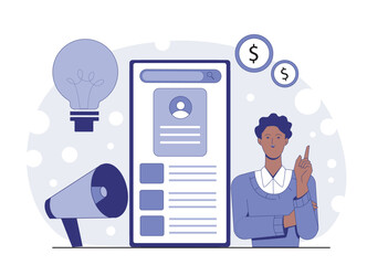 Poster - Person pointing at digital interface with profile, surrounded by a bulb, loudspeaker and dollar icons on abstract background. Concept of marketing strategy. Vector illustration