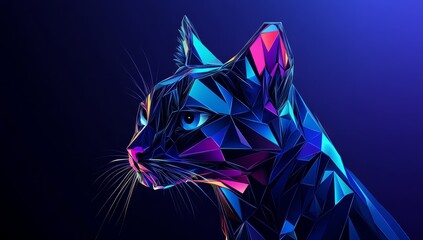 Low-poly cat portrait, vibrant blue, pink accents, dark background.