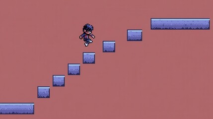 Poster - Pixelated character ascending a series of platforms.
