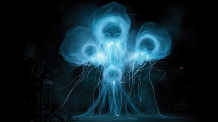 Poster - Illuminated jellyfish-like forms against a dark backdrop.
