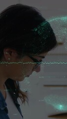 Poster - Animation of graphs and globe over woman working on laptop