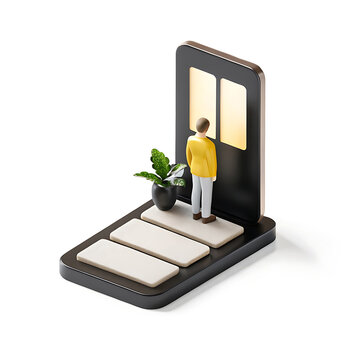 Miniature Man Gazing at Illuminated Doorway 3D Render