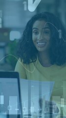 Poster - Animation of financial graphs and data over happy woman in office