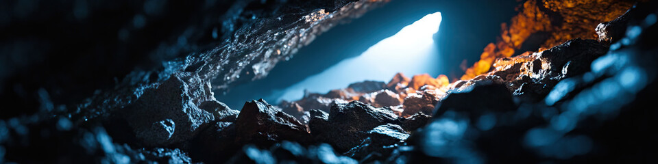 Poster - Cave Interior with Light Source Illuminating Rock Formations