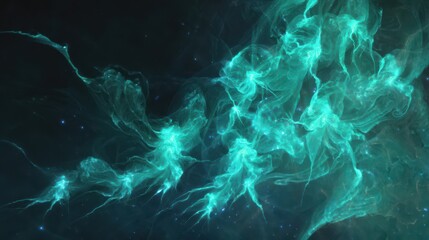 Poster - Abstract design of swirling teal shapes against a dark background.