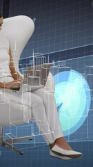 Poster - Animation of digital city and data processing over caucasian woman using laptop