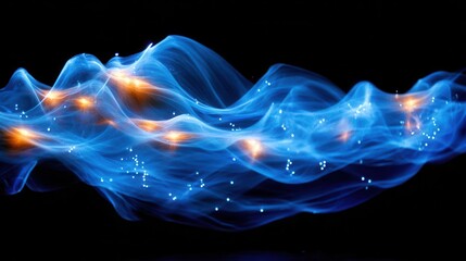 Poster - Abstract design of blue waves with glowing particles.