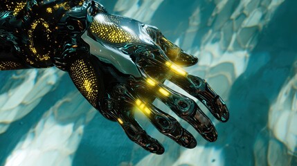 Aufkleber - Close-up view of a detailed, futuristic robotic hand.