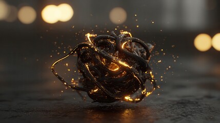 Poster - Abstract, dark sphere of interwoven filaments with glowing details.