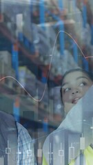 Poster - Animation of statistics and financial data processing over man and woman working in warehouse