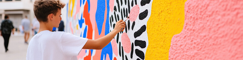 Poster - Teenager Painting Abstract Mural with Bright Colors