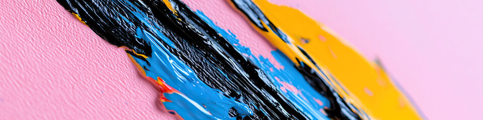 Poster - Impasto Paint Strokes on Pink Surface: Black, Blue, and Yellow