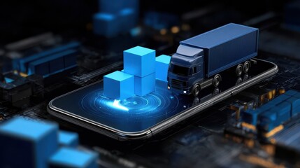 Aufkleber - A digital truck and stacked blocks on a mobile phone screen.