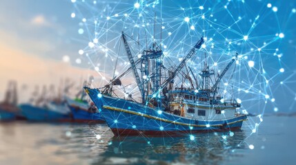 Poster - Digital network overlay on a fishing vessel at a harbor.