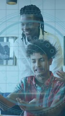 Poster - Animation of cyber security data processing over diverse colleagues discussing together at office