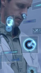 Poster - Animation of data processing over caucasian female doctor with tablet
