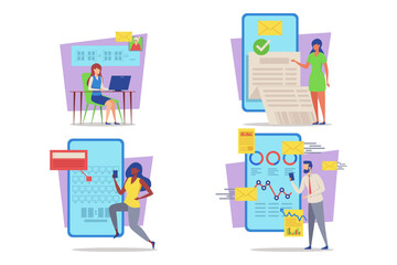 Poster - In modern workspace, individuals engaged with technology. Some sending emails, analyzing data, and collaborating on projects through various digital platforms and applications