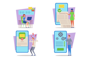 Poster - Collection of various aspects of office communication, showing individuals managing emails, feeling frustrated, and engaging with technology in workplace setting