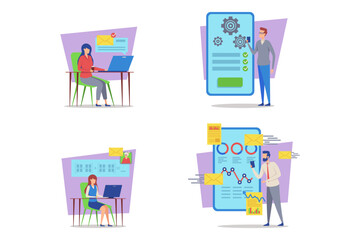 Poster - Individuals engaged in various tasks like managing emails, analyzing data, and collaborating on projects. Modern workplace efficiency concept
