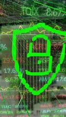 Poster - Animation of padlock in shield over flying lines and trading board against abstract background