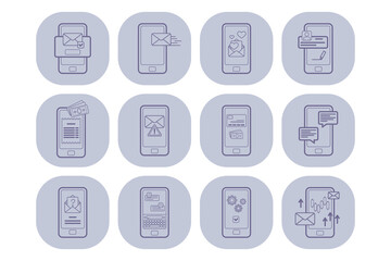 Fototapete - Icons of various aspects of mobile communication including messaging, sending emails, transactions, and notifications. Smartphone usage concept