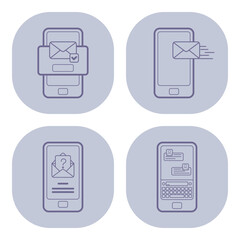 Fototapete - Set of four line icons depicting various aspects of digital messaging on smartphones. Sending, receiving, and reading messages with check marks and question marks