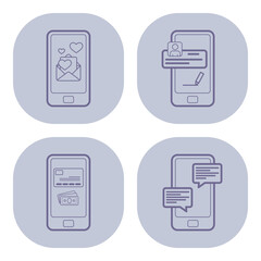 Fototapete - Four simple line icons of various aspects of mobile communication. Message sending, editing, notifications, and chats. Modern digital interactions concept