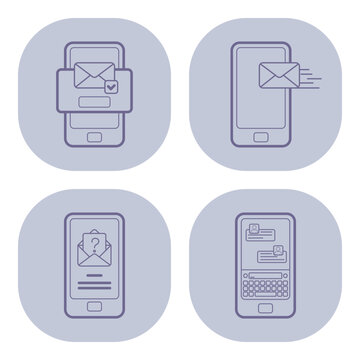 Set of four line icons depicting various aspects of digital messaging on smartphones. Sending, receiving, and reading messages with check marks and question marks