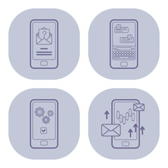 Fototapete - Collection of four line icons representing mobile communication activities including messaging, notifications, settings, and analytics