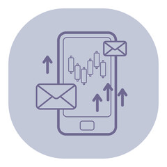 Fototapete - Mobile phone with graphical data: upward arrows and notification envelopes. Tracking metrics and receiving updates in real time for financial or business purposes