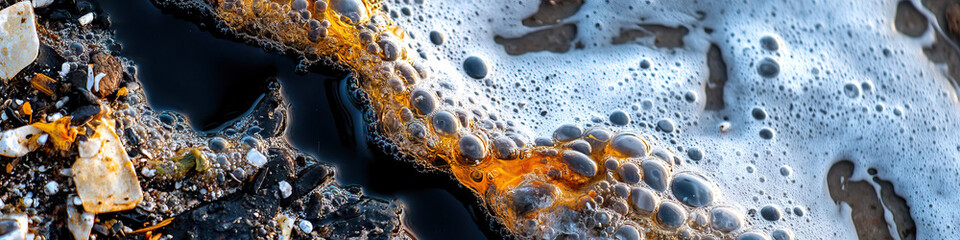 Poster - Dark Liquid with White and Amber Foam and Beach Debris