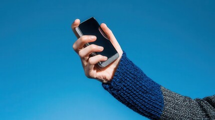 Poster - Hand holding a smartphone against a vibrant blue sky.