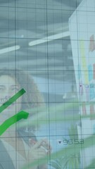 Poster - Animation of financial data processing with green lines over business people working in office