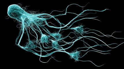 Aufkleber - Intricate turquoise network against a black background.