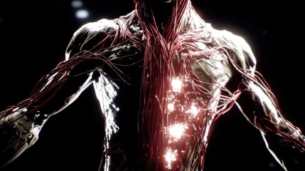 Poster - Detailed anatomical study of a human form with highlighted internal systems.