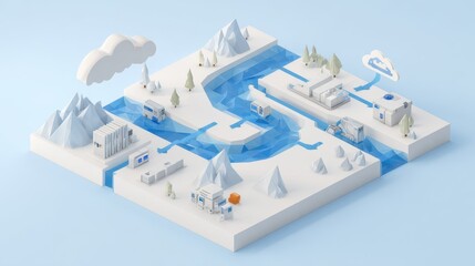 Poster - A stylized, isometric representation of a network of interconnected facilities.