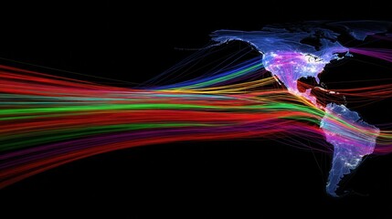 Poster - Global network of colorful lines overlaying a world map.