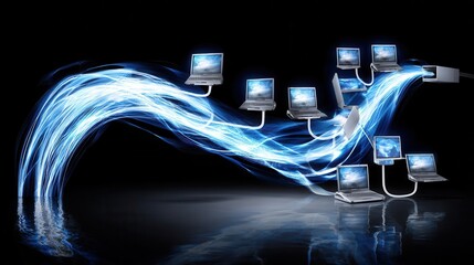 Aufkleber - A network of interconnected laptops with glowing light beams.