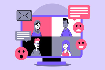 Poster - Groups of individuals engaged in virtual conversation through computer screen, showcasing various emotions and interactions in colorful digital environment