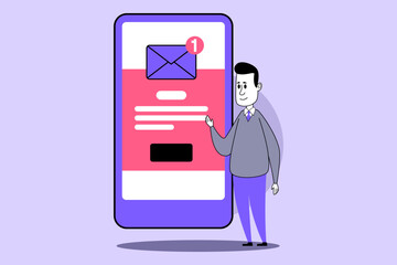 Aufkleber - Man in sweater pointing at smartphone displaying notification about new message. Modern digital environment concept
