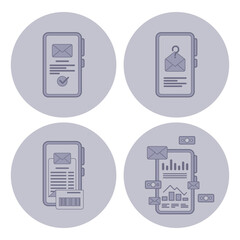 Aufkleber - Set of four minimalist line icons related to mobile messaging. Notifications, organization, and data analysis associated with messages