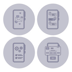 Aufkleber - Icons of various mobile application features, including messaging, social interactions, settings, and payment options. Design emphasizing simplicity and user engagement