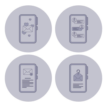 Collection of four unique messaging icons set against simple background. Different communication styles used in digital interactions, emphasizing modern connectivity