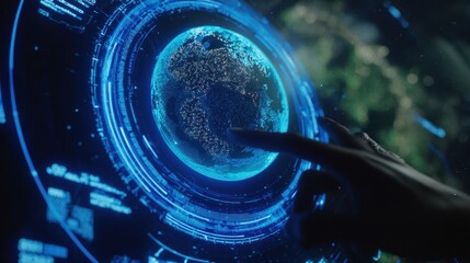 Poster - A digital representation of the earth, interacted with by a hand.