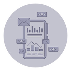 Aufkleber - Icon of mobile device surrounded by envelopes and data charts, illustrating digital communication and data analytics. Connectivity and information exchange concept