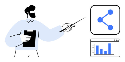 Poster - Man holds clipboard, uses pointer to explain growth chart and organizational network concept. Ideal for analytics, teamwork, data presentation, strategy, planning, education, simple landing page