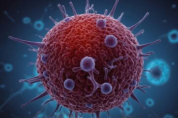 Poster - Microscopic view of a red virus cell with spike proteins and smaller cells on a blue background