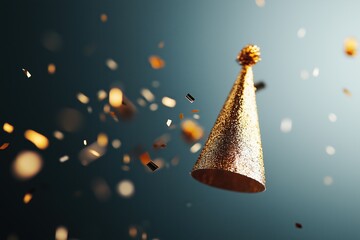 Poster - Golden party hat floating with falling confetti on new year's eve