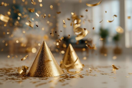 Golden party hats and confetti falling for new year's eve celebration